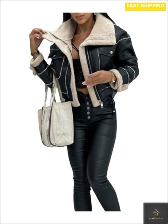 Jackets & Blazers - Faux Leather Moto Bomber Jacket Sherpa-Lined Faux Shearing Winter Coat
